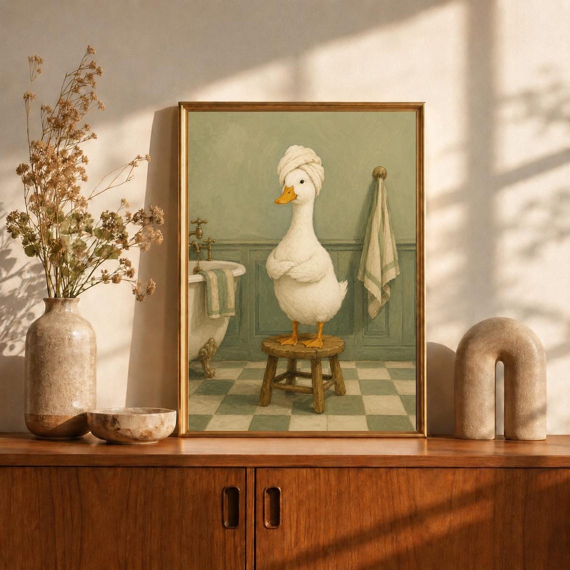 Funny Bathroom Duck Wall Art In Towel Turban Print Sage Green Bath Vintage Powder Room Decor Spa Poster Gift - Image 2