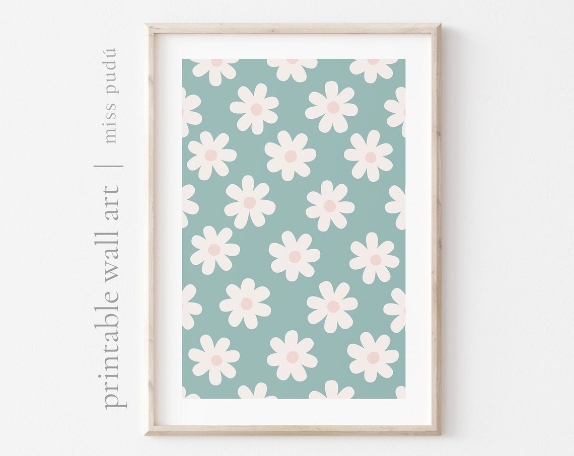 Mint Daisy Wildflower Pattern Poster for Boho Nursery Decor Girls