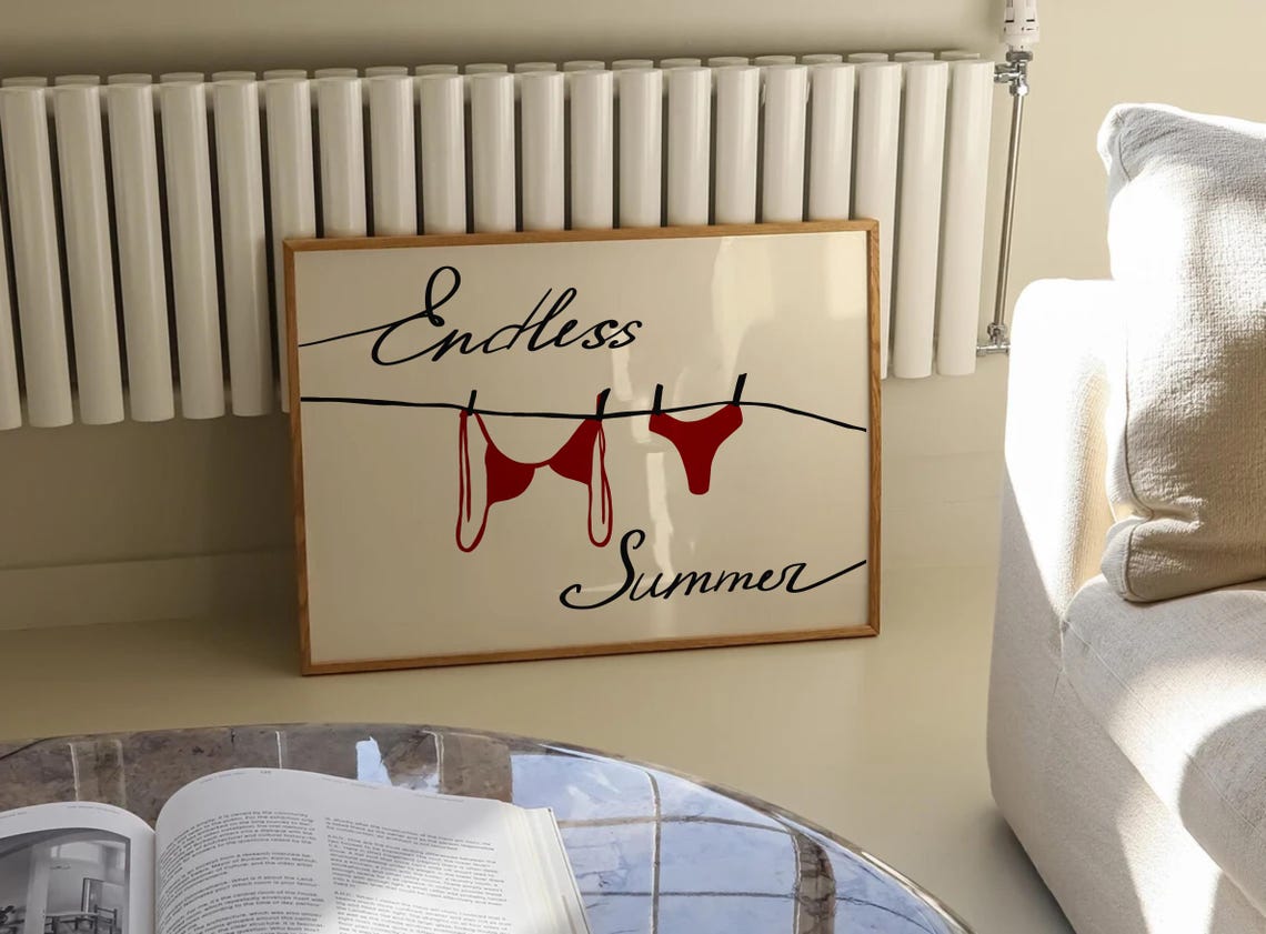 Endless Summer Red Bikini Clothesline Script Minimal Beach Poster - Image 3