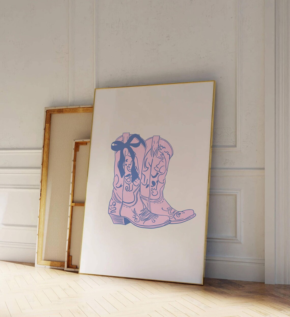 Pink Cowboy Boots With Blue Bow Hand Drawn Western Dorm Poster - Image 3