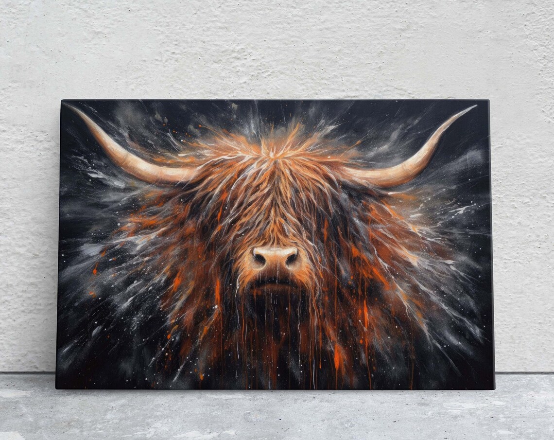 Highland Cow Portrait Splattered Paint Rustic Farmhouse Wall Art