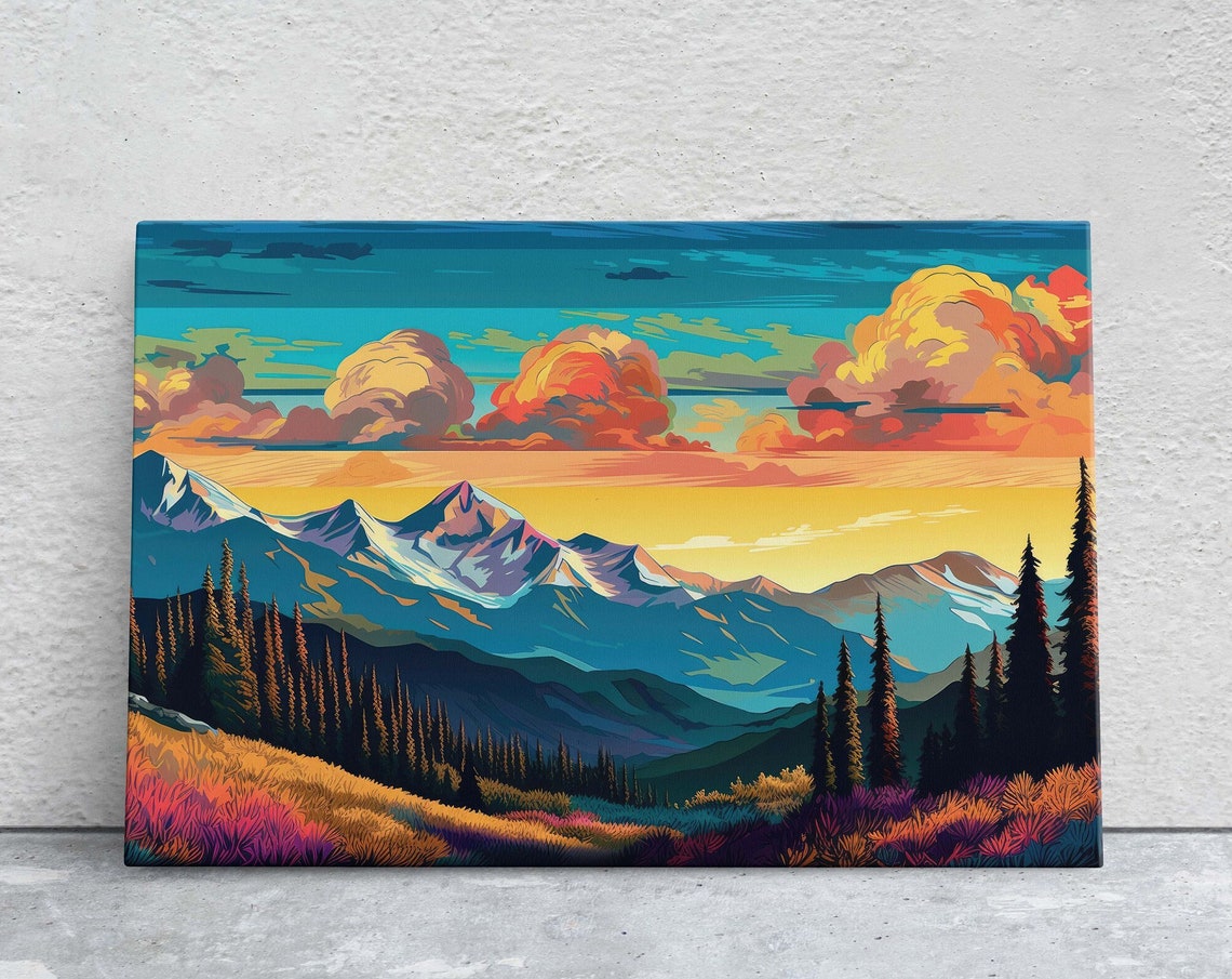 Cloud Mountains On Flat Illustration Sunset Colors Sunrise Scene Mountain Range National Park Abstract Art Drawing Framed