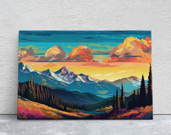 Cloud Mountains On Flat Illustration Sunset Colors Sunrise Scene Mountain Range National Park Abstract Art Drawing Framed