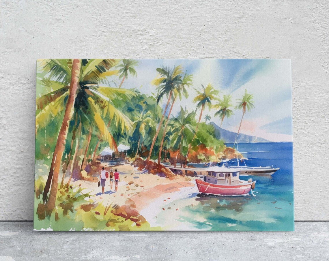 Tropical Beach Palm Trees Red Boat Ocean Cove Watercolor Art Poster