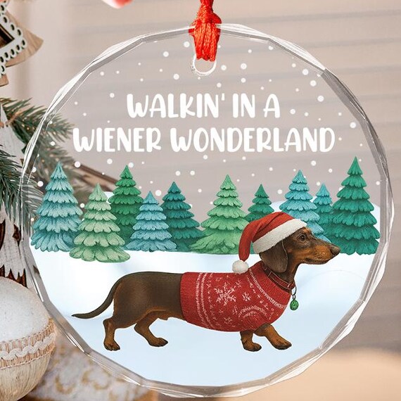 Dachshund Walkin In A Wiener Wonderland Glass Christmas Ornament Poster