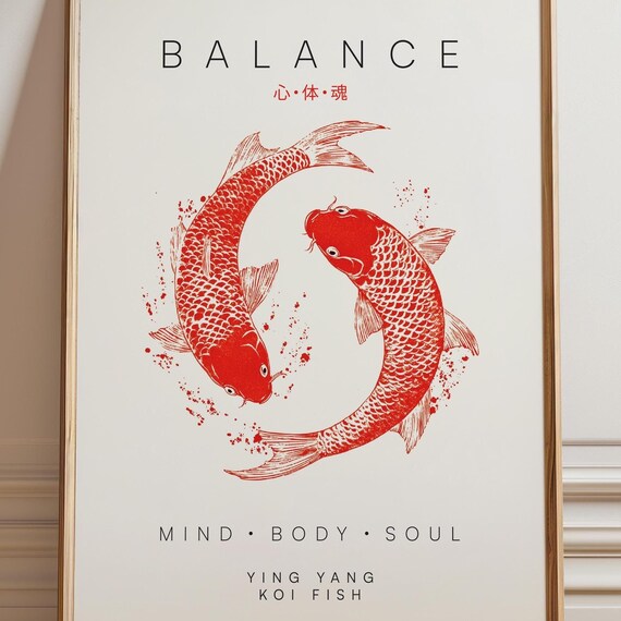 Balance Red Koi Fish Yin Yang Circle Mind Body Soul Art Poster