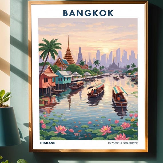 Bangkok Riverside Scene Poster Pink And Teal Art Thailand Cityscape Print Southeast Asian Contemporary Decor