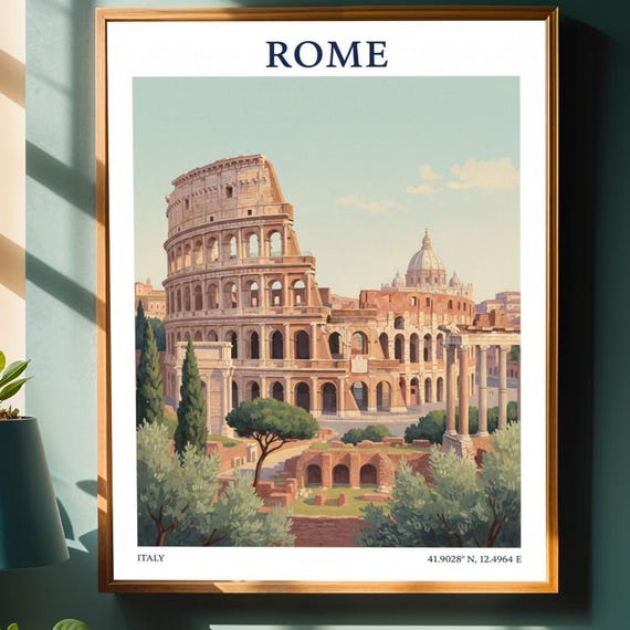 Rome Colosseum Poster Beige And Green Wall Art Italian Architecture Print Travel Enthusiast Decor Illustration