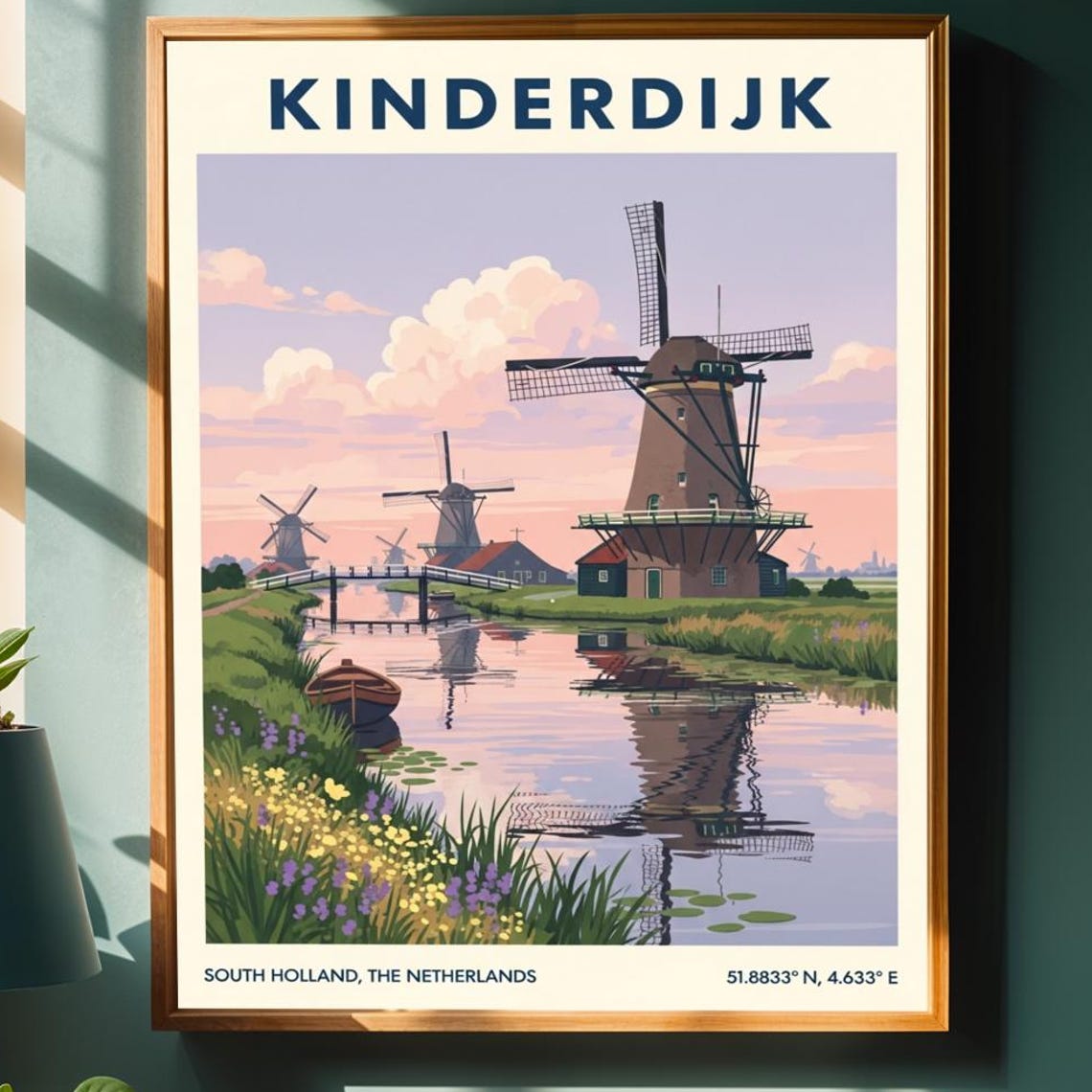 Kinderdijk Holland Dutch Windmills Canal Sunset Travel Poster
