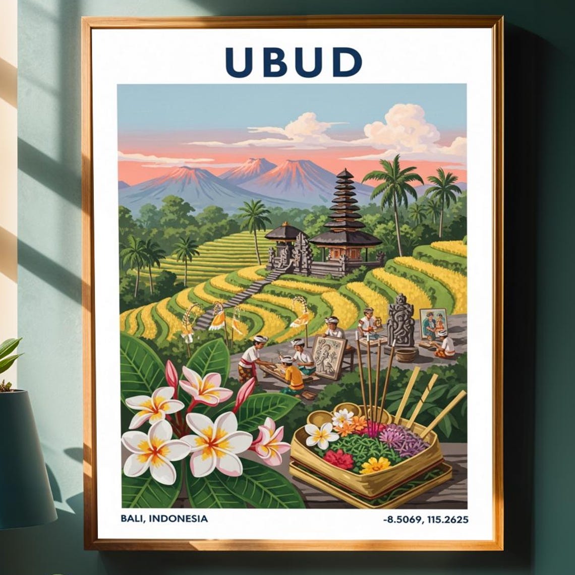 Ubud Bali Rice Terraces Temple Volcano Sunset Vintage Travel Poster