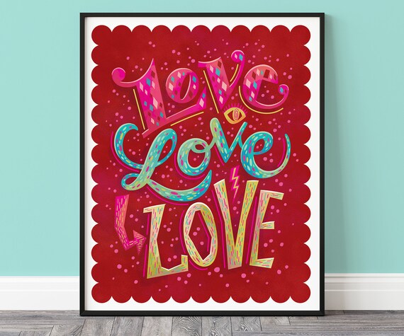 Bright Wall Art Love Decor Print Colorful Typography Illustration Poster In Red Pink Turquoise Boho Cute Home Decor