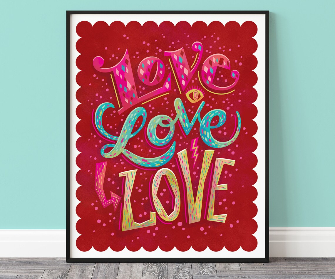 Sweet Love Love Love Triple Word Hand Lettered Typography Poster