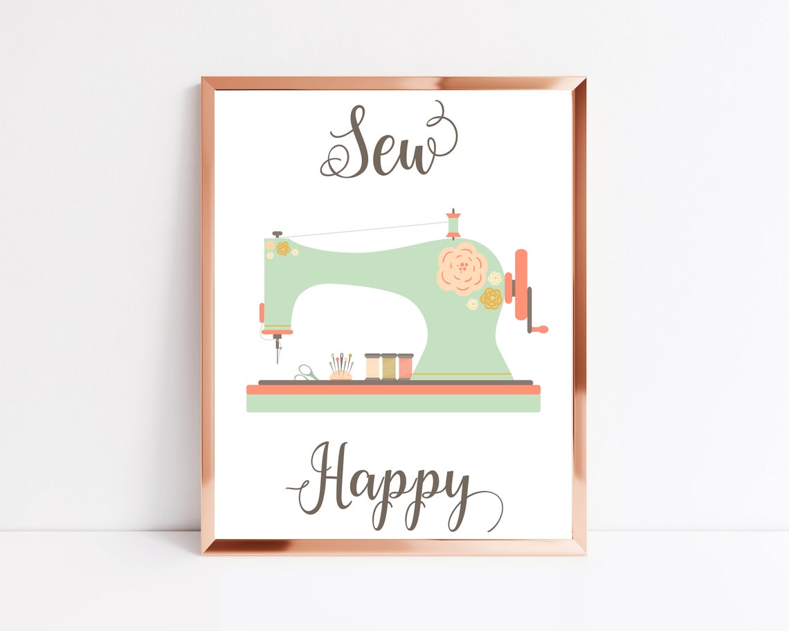 Sew Happy Mint Green Floral Sewing Machine Craft Room Poster - Image 4