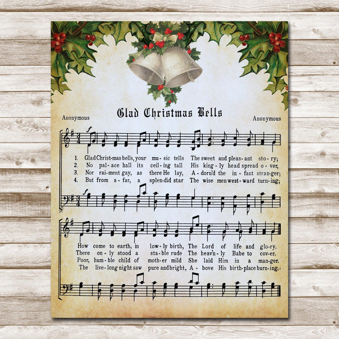 Glad Christmas Bells Vintage Hymn Sheet Music Antique Carol Poster - Image 4