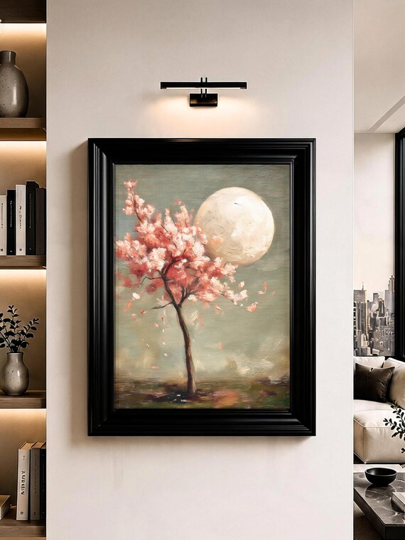Cherry Blossom Wall Art Full Moon Japanese Sakura Oil Painting Print