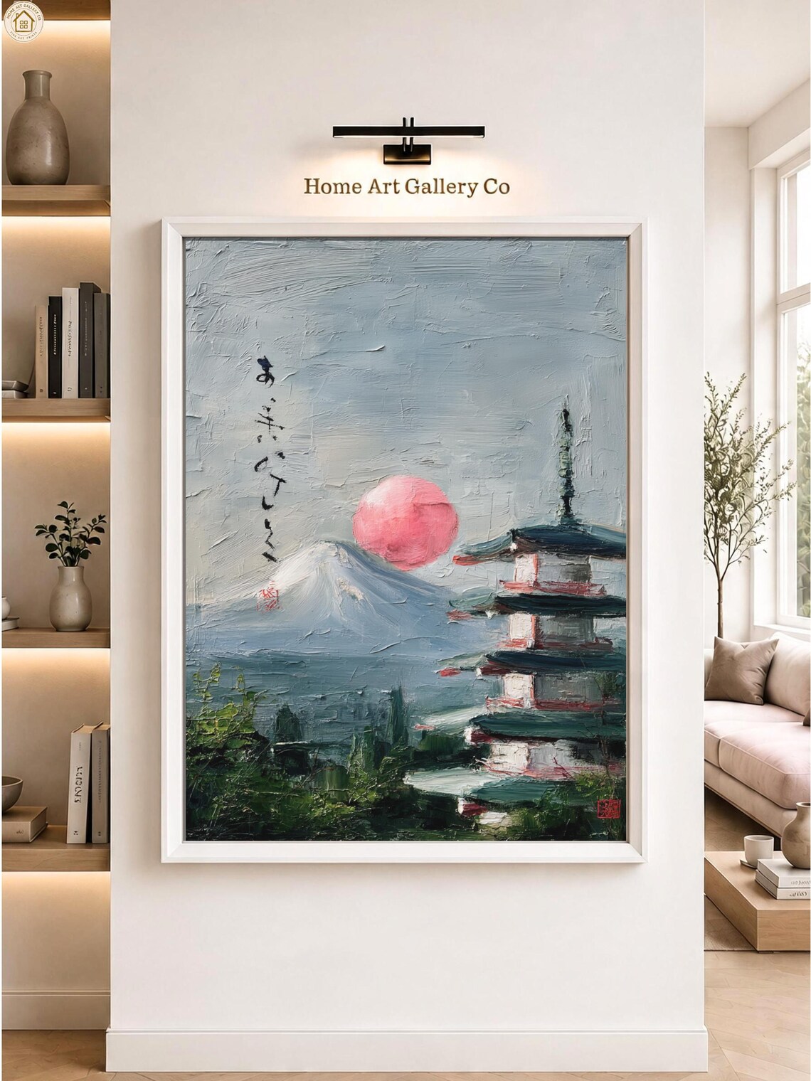 Mount Fuji Red Pagoda Pink Sun Oil Painting Wall Art Home Decor