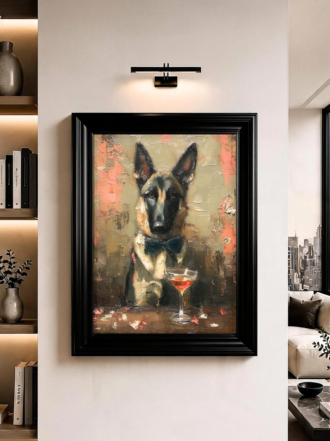 Funny German Shepherd in Bow Tie with Cocktail Oil Painting Poster