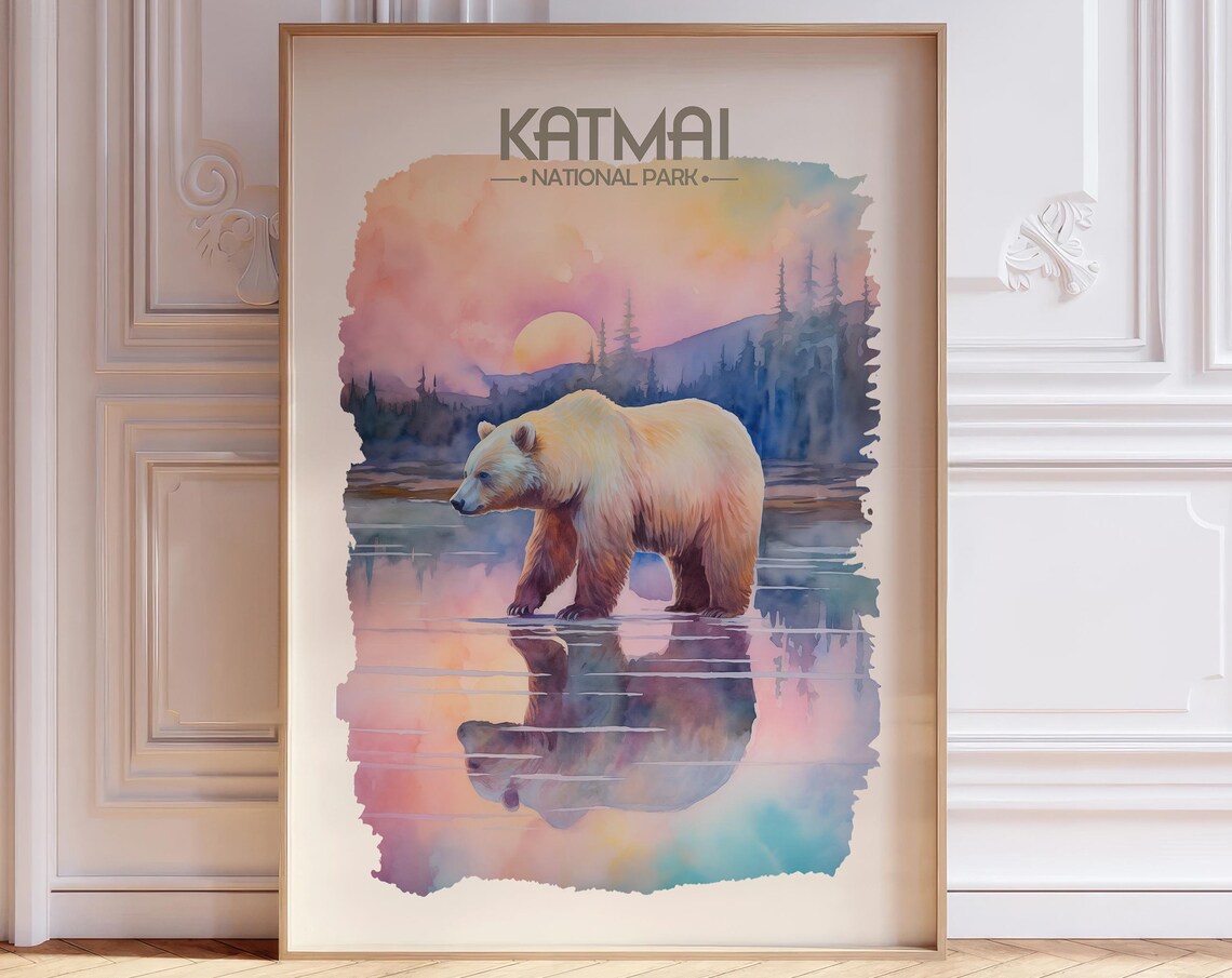 Katmai National Park Watercolor Bear Poster Alaska Wilderness Art
