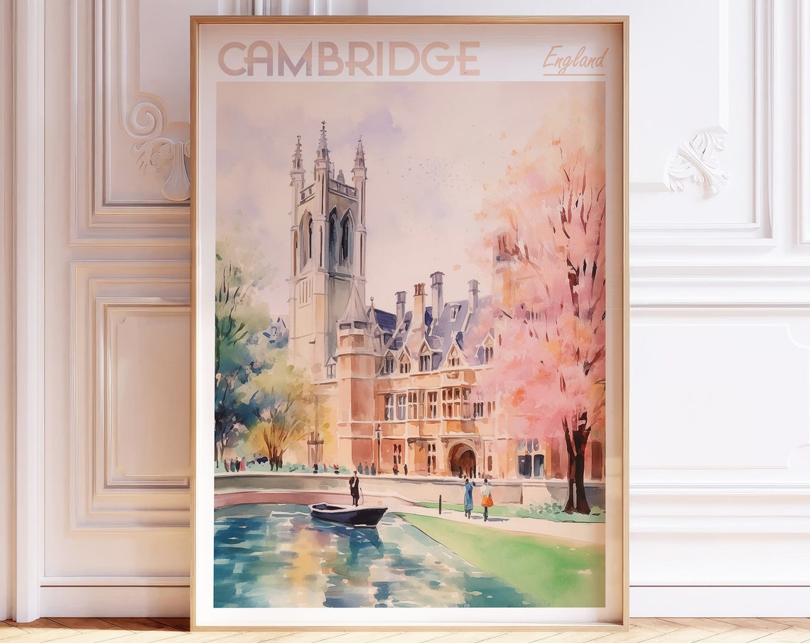 Cambridge England College Chapel River Punt Watercolor Poster