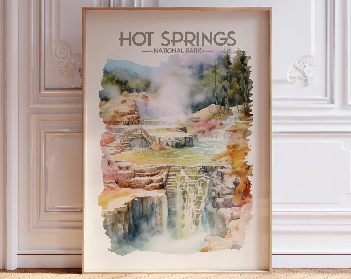 Hot Springs National Park Steaming Terraces Watercolor Travel Poster