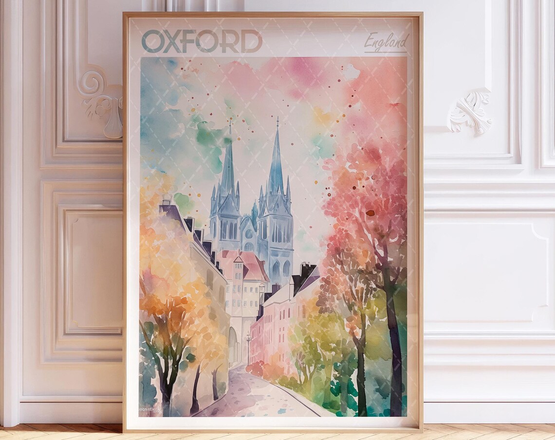 Oxford England Gothic Spires Autumn Street Watercolor Poster