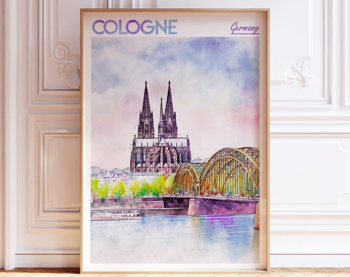 Cologne Germany Cathedral Hohenzollern Bridge Watercolor Poster