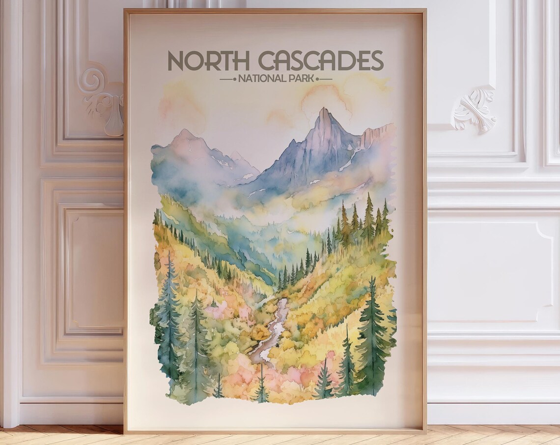 North Cascades National Park Watercolor Poster Mountain Valley Art