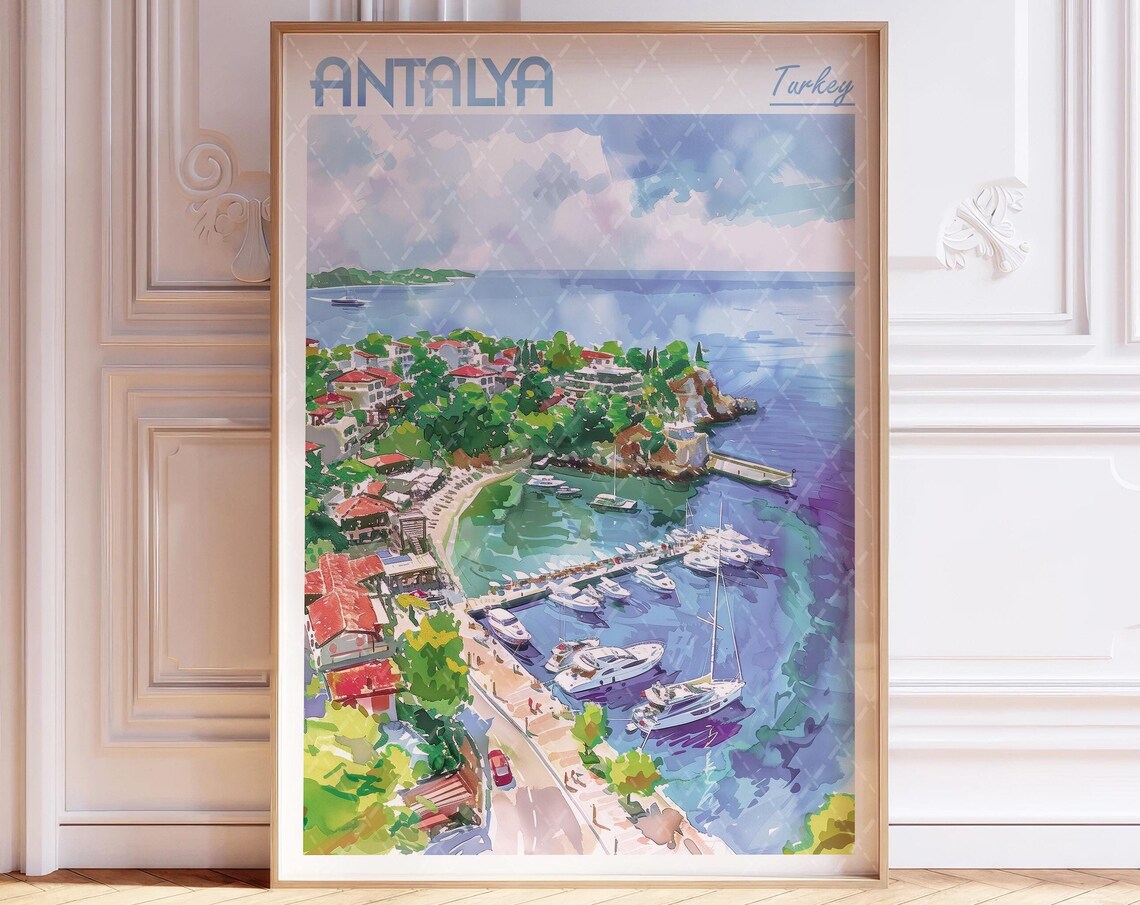 Antalya Turkey Watercolor Harbor Travel Poster in Pastel Colors