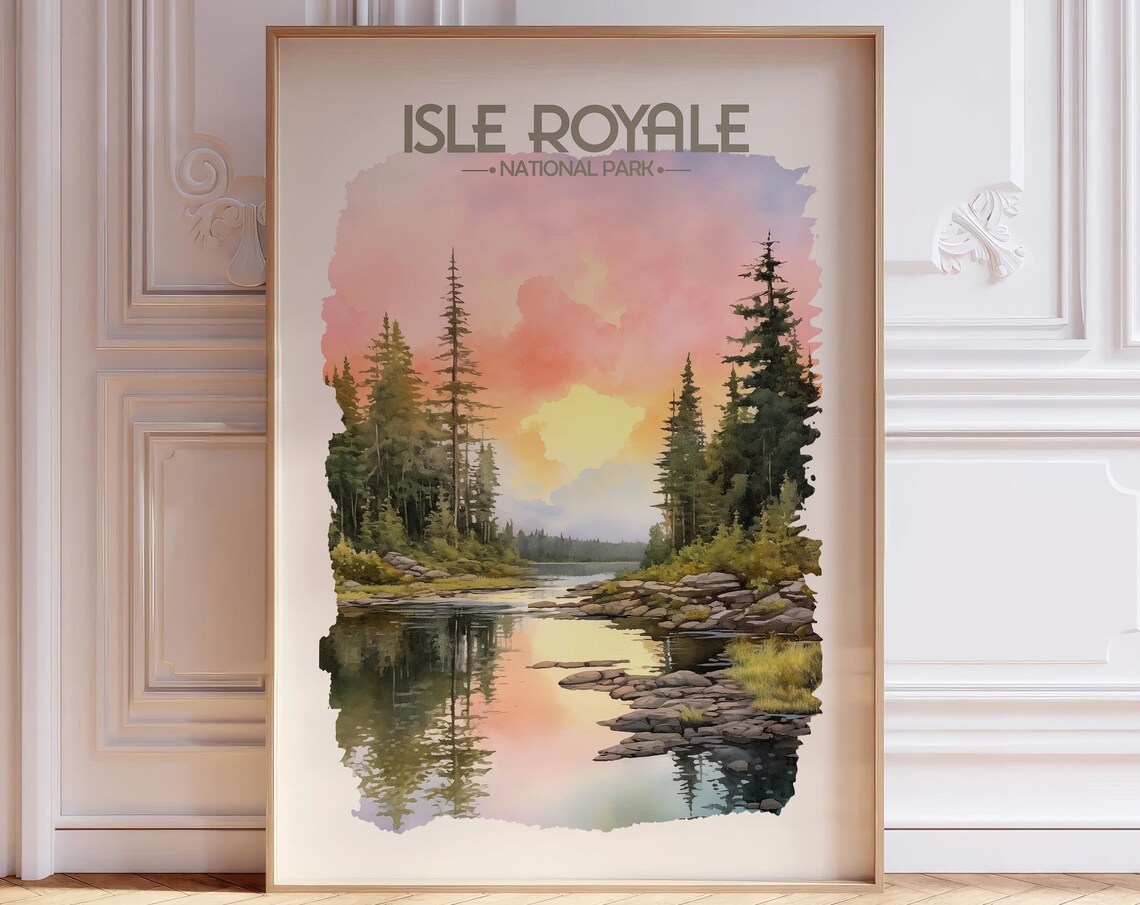 Isle Royale National Park Sunset Watercolor Travel Poster Lake Pines