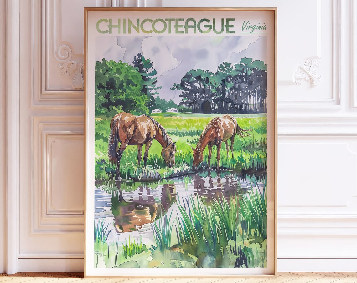 Chincoteague Watercolor Poster Horses And Nature Wall Art United States North America Virginia Print Pastel Color City