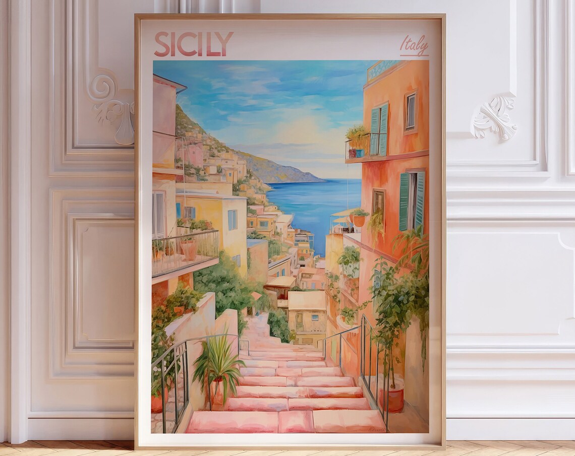 Sicily Island Watercolor Travel Poster, Italian Culture