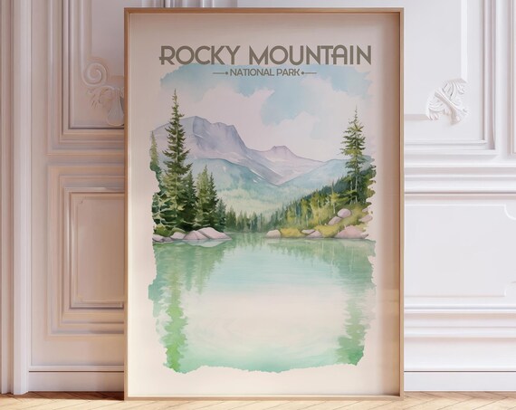 Rocky Mountain National Park Watercolor Travel Poster of Lake and Peaks