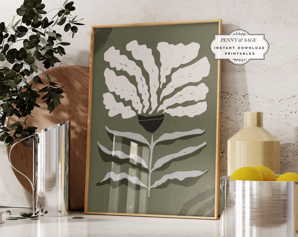 Sage Green Botanical Poster Abstract Leaf Branch Organic Modern Decor