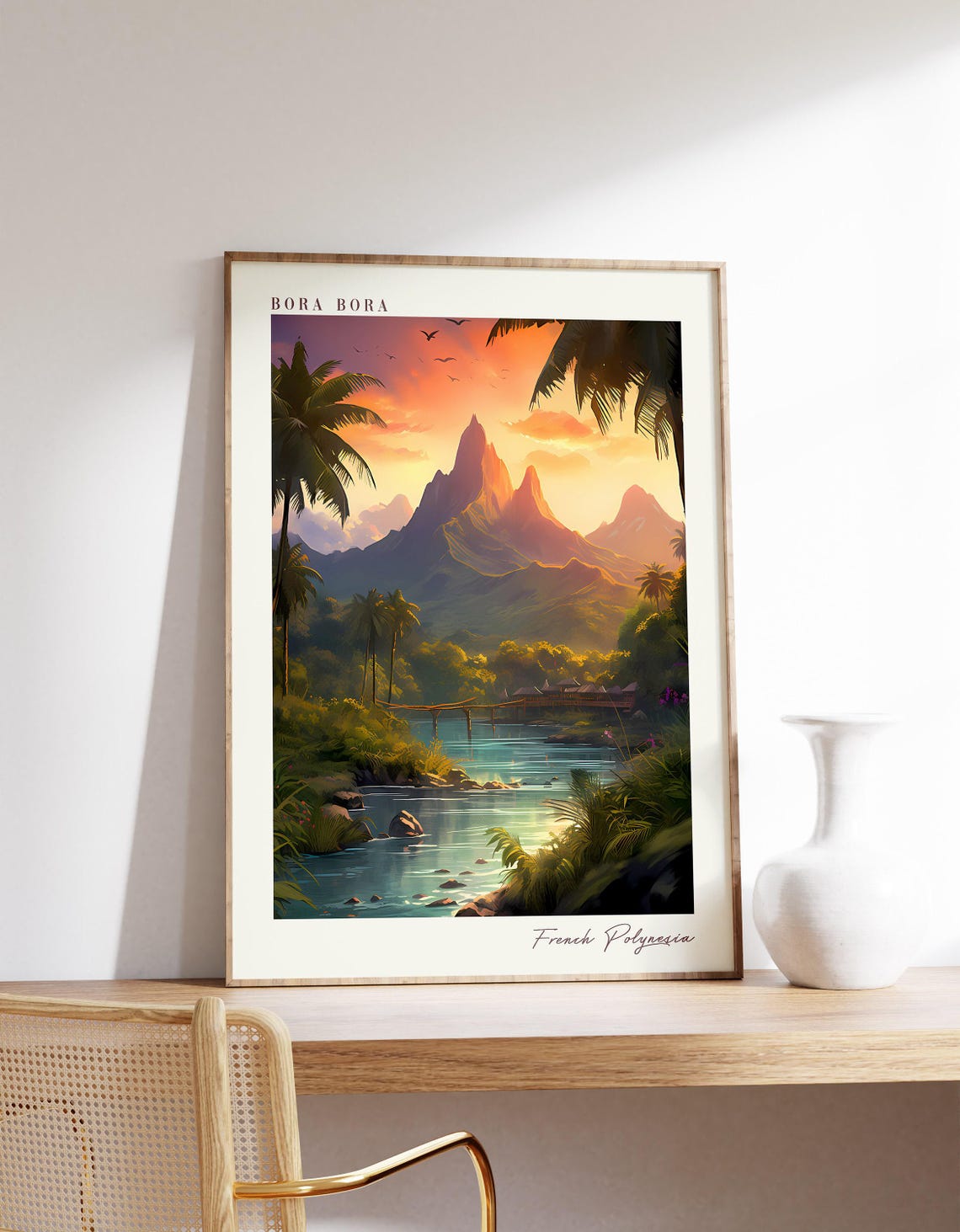 Bora Bora French Polynesia Sunset Peak Palms Lagoon Travel Poster