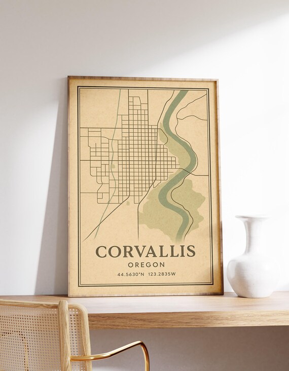 Corvallis Oregon Map Print Vintage Poster Willamette River Art Wall Decor Gift