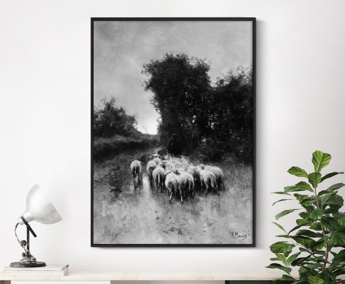 Shepherd Sheep Flock Twilight Path Vintage Monochrome Poster