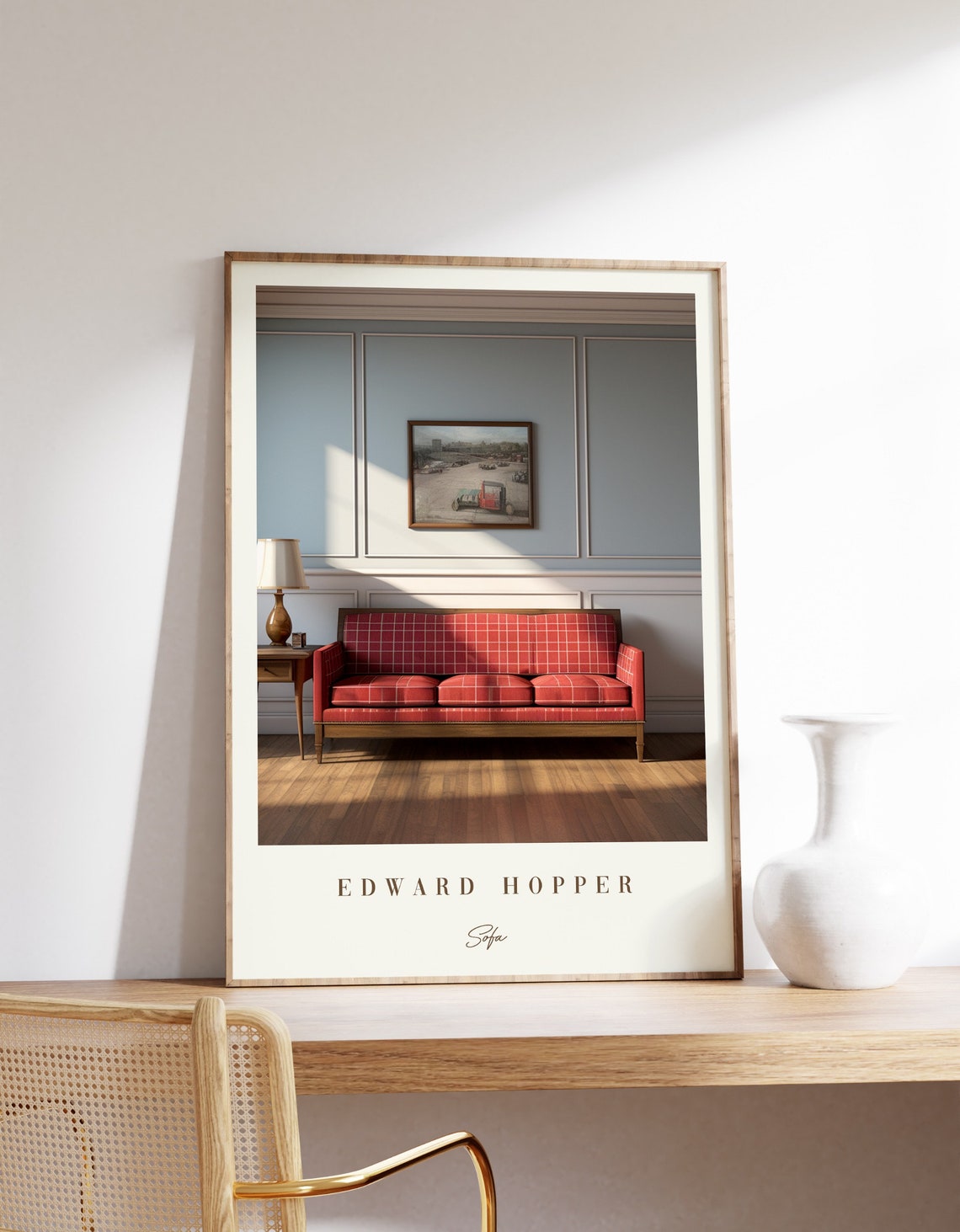 Edward Hopper Style Red Plaid Sofa Sunlit Interior Mid Century Poster