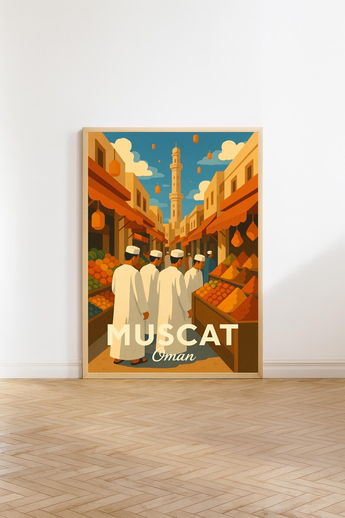 Muscat Oman Souk Market Minaret Spices Middle East Retro Poster