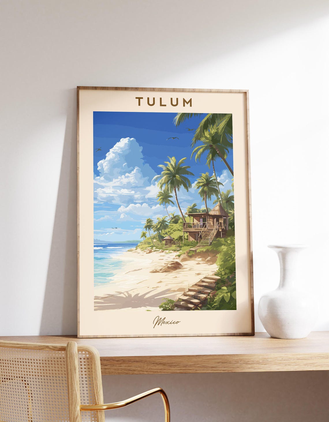 Tulum Mexico Palm Tree Beach Palapa Hut Sunny Vintage Travel Poster