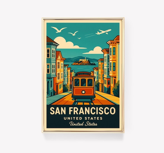 San Francisco Cable Car Steep Street Bay Island Retro Vintage Travel Poster