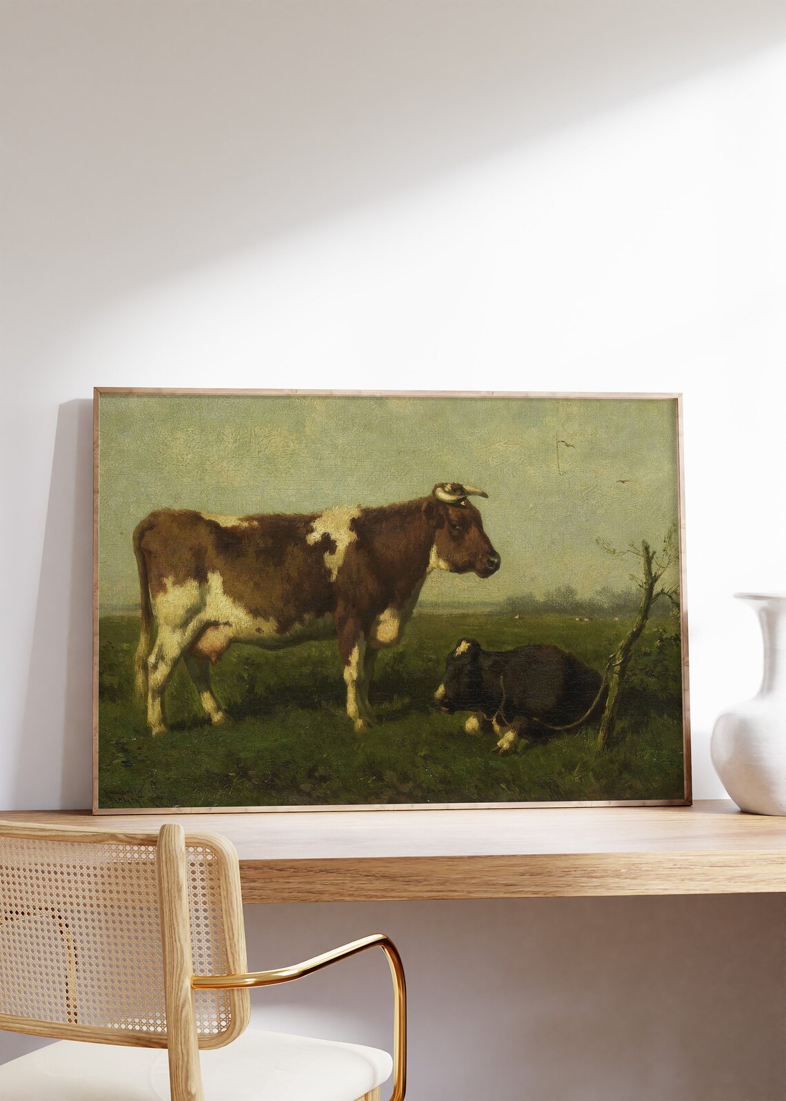 Vintage Cow Pasture Painting Brown White Cattle Classic Farm Art Poster