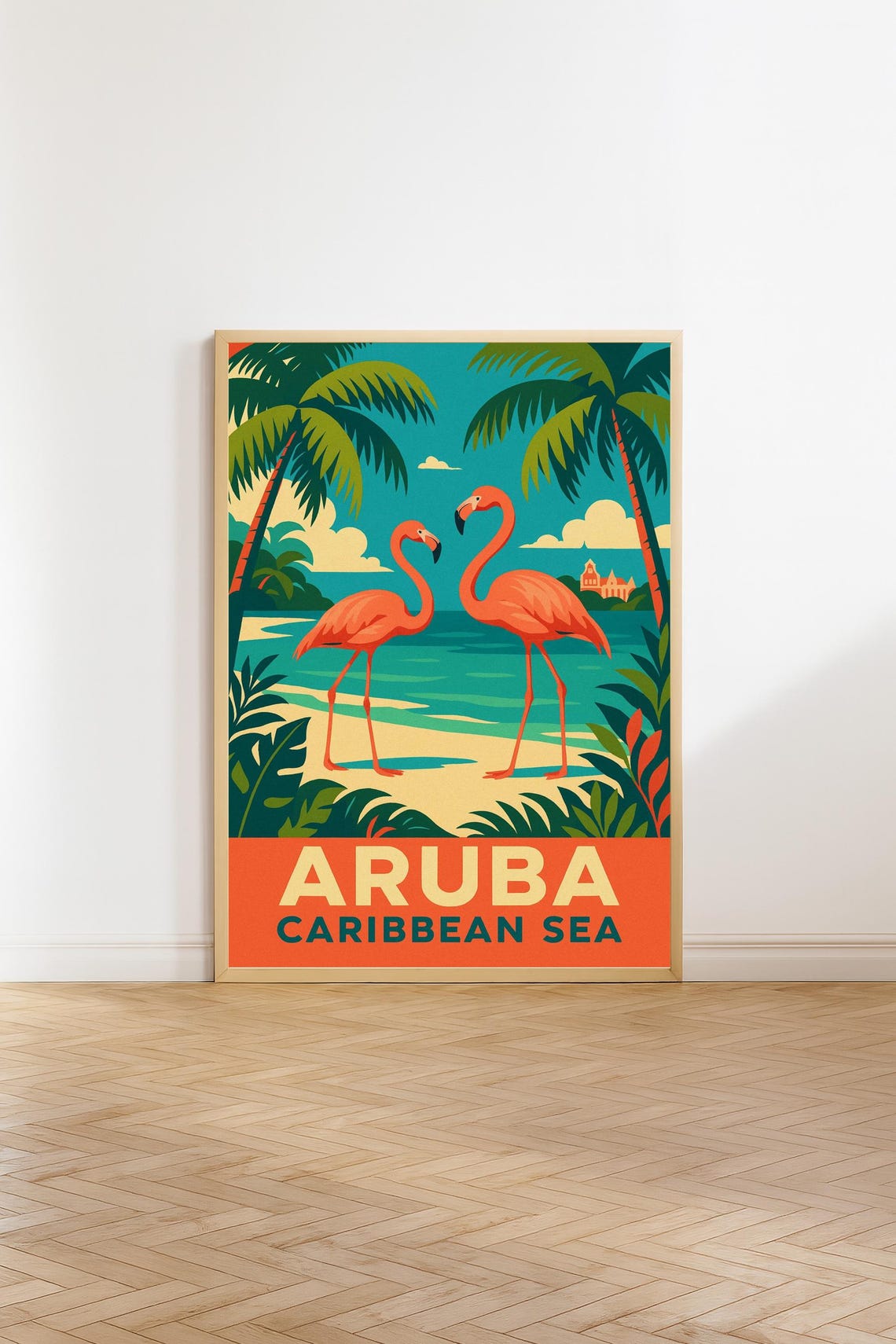 Aruba Caribbean Flamingos Beach Retro Island Travel Wall Poster