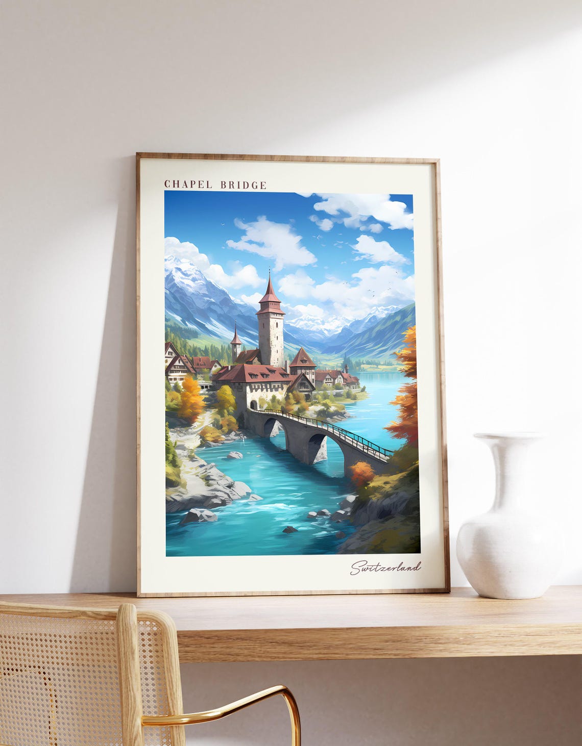 Chapel Bridge Switzerland Turquoise River Tower Mountain Travel Poster