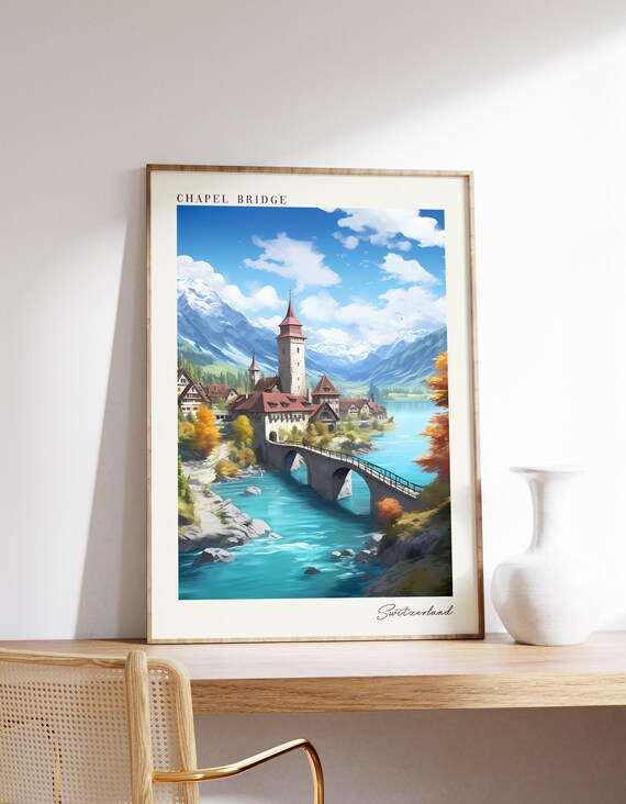 Chapel Bridge Switzerland Turquoise River Tower Mountain Travel Poster