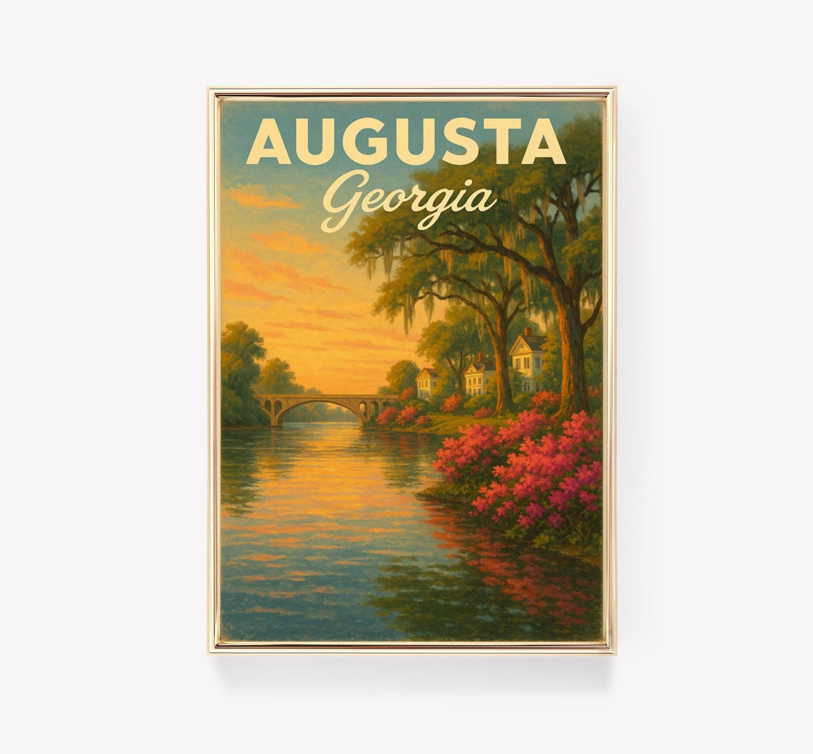 Augusta Georgia Sunset River Arched Bridge Vintage Travel Poster Art