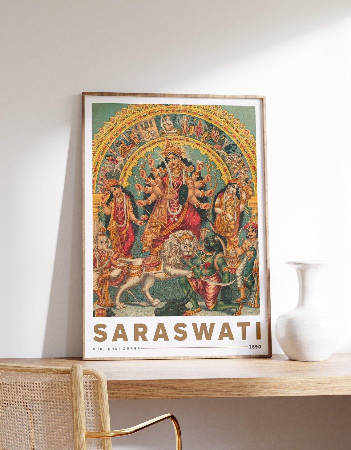 Shri Durga With Mahisha, Vintage Hindu Art Print