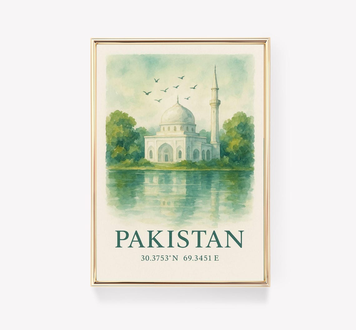 Pakistan Watercolor Mosque Lake Reflection Sky Travel Art Print