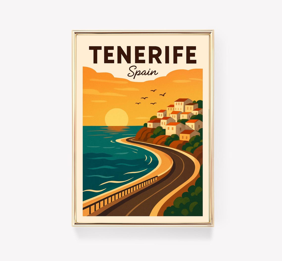 Tenerife Spain Coastal Road Sunset Vintage Travel Poster Island Art