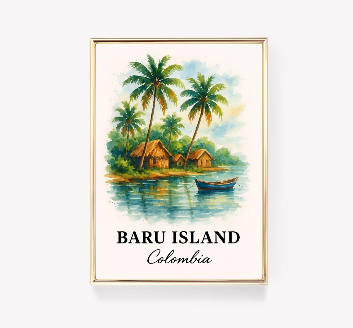Baru Island Colombia Tropical Watercolor Beach Travel Poster