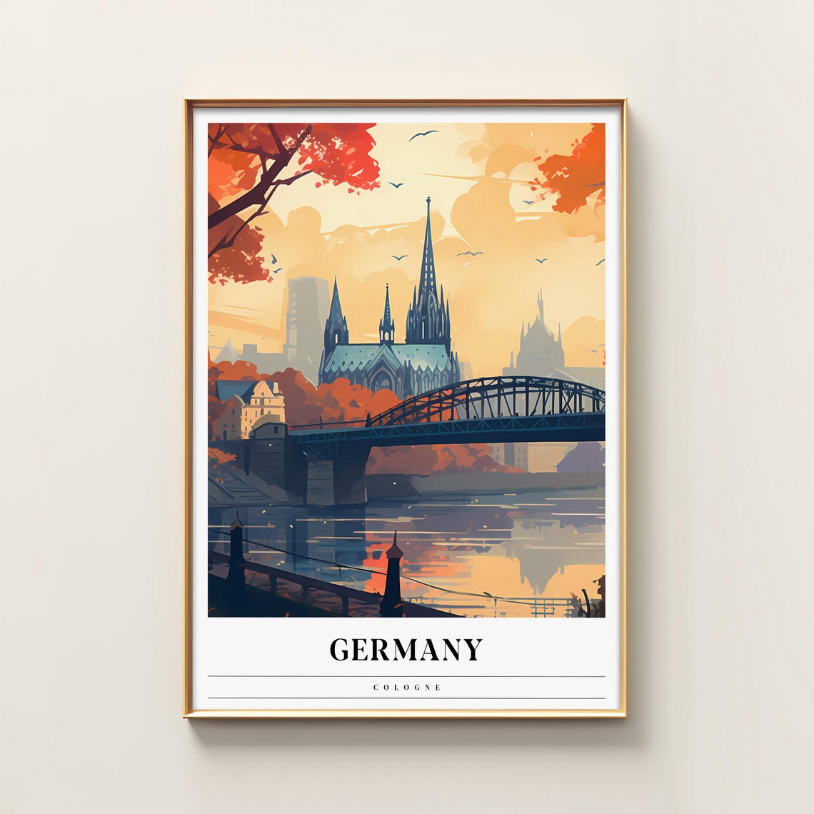 Cologne Germany Cathedral Rhine Bridge Autumn Vintage Poster